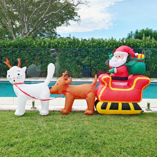 Clearance Christmas Decoration Inflatable 270cm Long Santa Sleigh Cat & Dog LED Lit