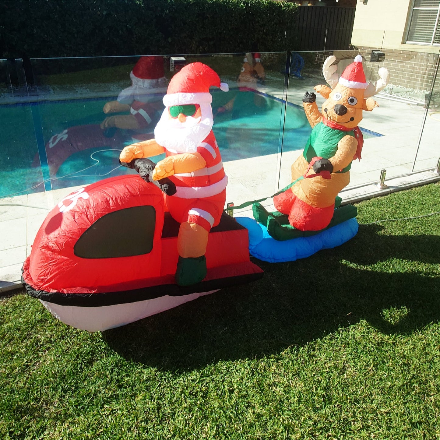 Christmas Decoration Inflatable 210cm Wide Santa Claus Reindeer Riding Jet Ski