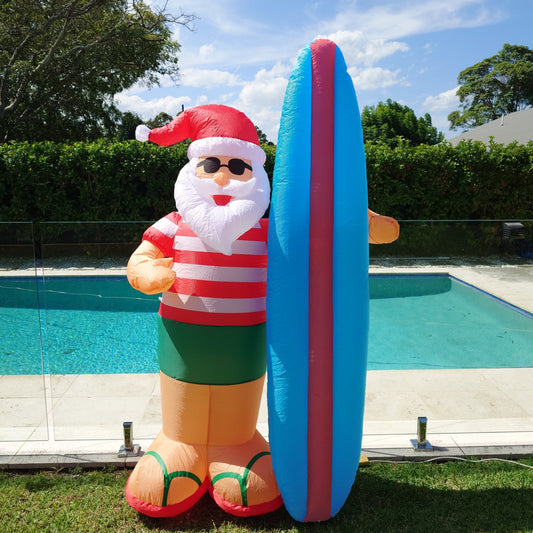 Christmas Decoration Inflatable 210cm Aussie Surfing Santa Claus LED Lit