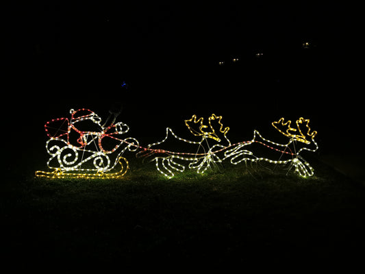 Clearance Christmas LED Animated Motif Santa Riding Reindeers in Sleigh 210x70cm Outdoor