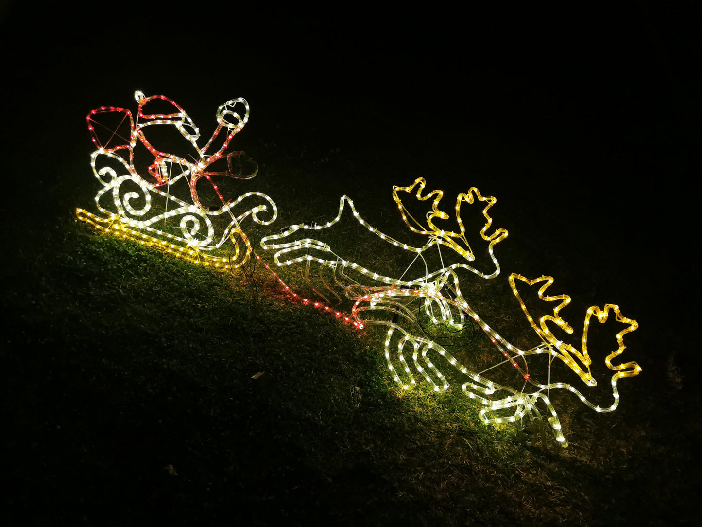 Clearance Christmas LED Animated Motif Santa Riding Reindeers in Sleigh 210x70cm Outdoor