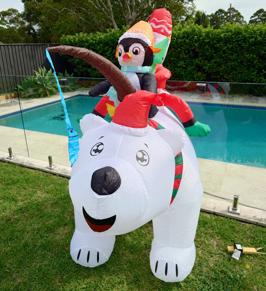 Christmas Decoration Inflatable 180cm Wide Santa Penguin Fishing on Polar Bear LED Lit