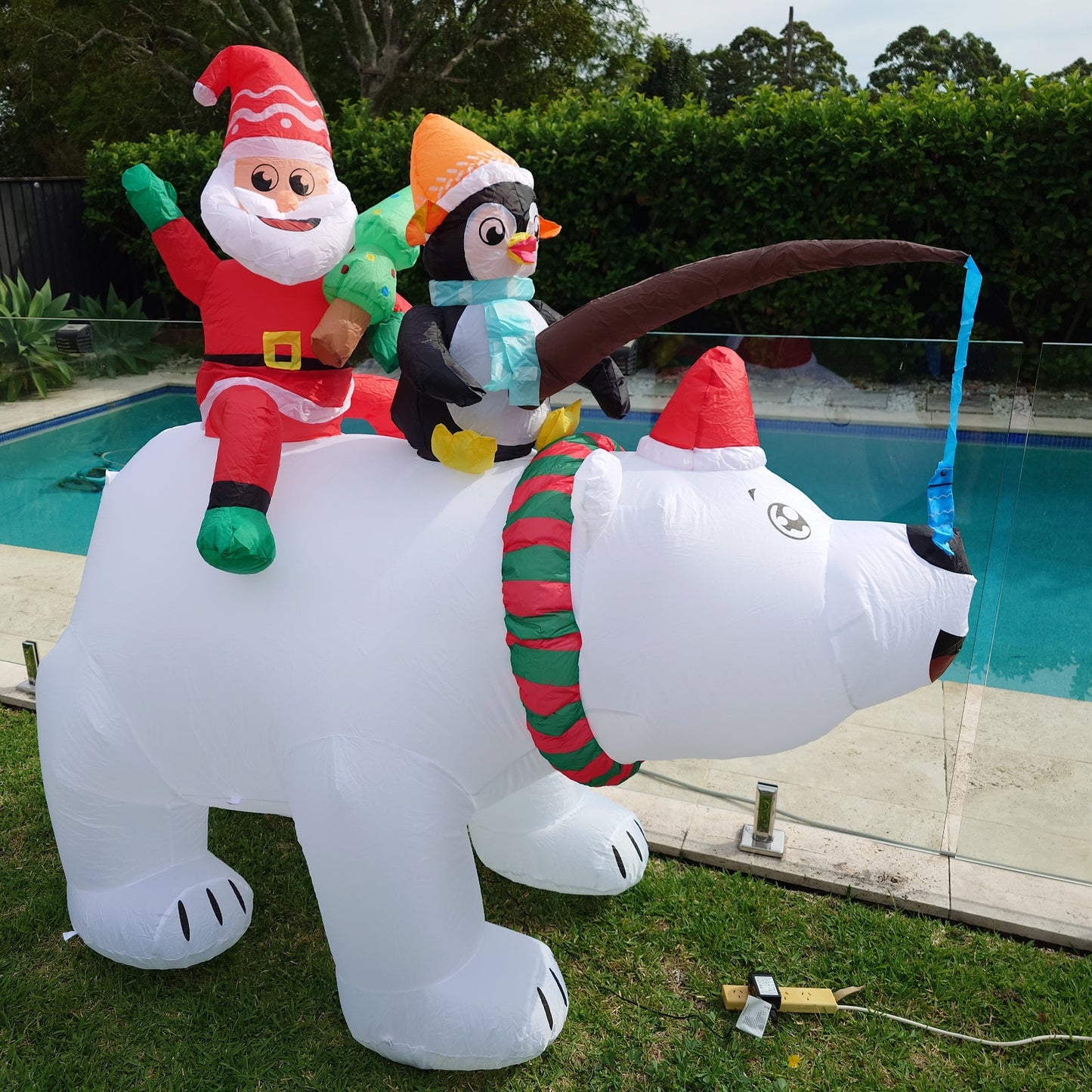 Christmas Decoration Inflatable 180cm Wide Santa Penguin Fishing on Polar Bear LED Lit