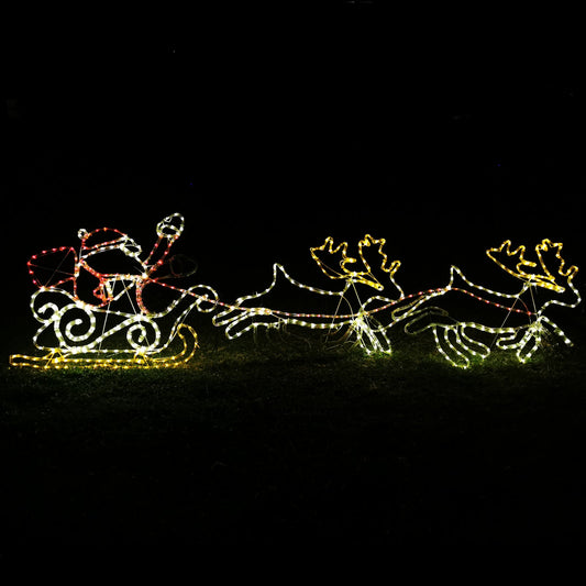 Clearance Christmas LED Animated Motif Santa Riding Reindeers in Sleigh 210x70cm Outdoor