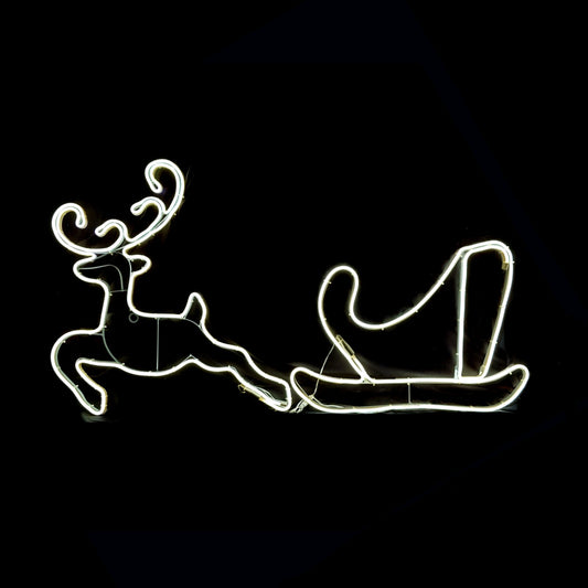Christmas LED Neon Motif Animated Cool White Reindeer Sleigh 120x65cm Outdoor Display