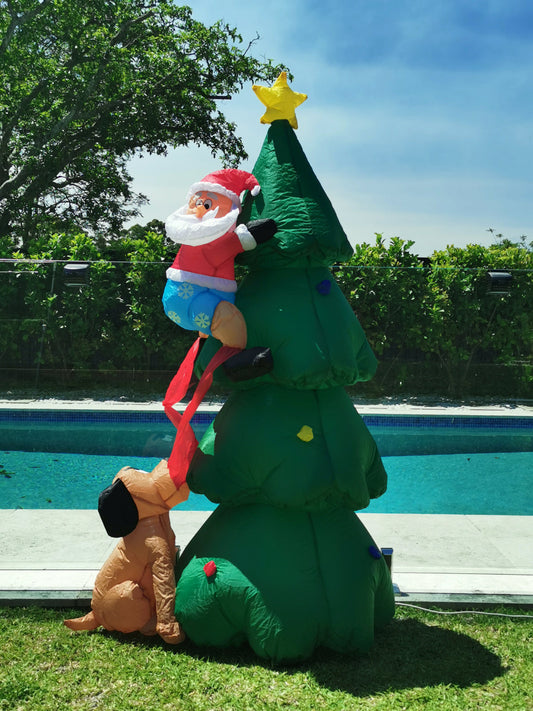 Christmas Decoration Inflatable 180cm Tall Christmas Tree Santa Chased by Dog LED Lit