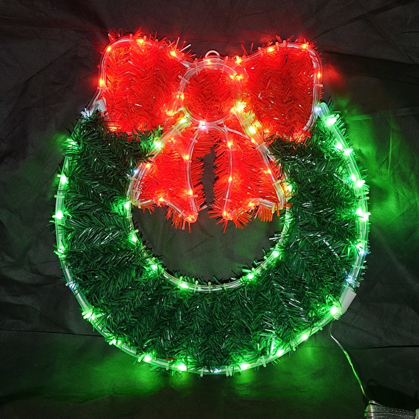 Christmas LED Motif PVC Tinsel Filled Red Ribbon Wreath 46x50cm Outdoor Display