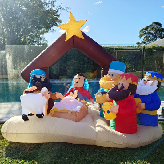 Christmas Decoration Inflatable 200cm Wide Nativity Scene 3 Kings Shepherd Mary Joseph & Jesus