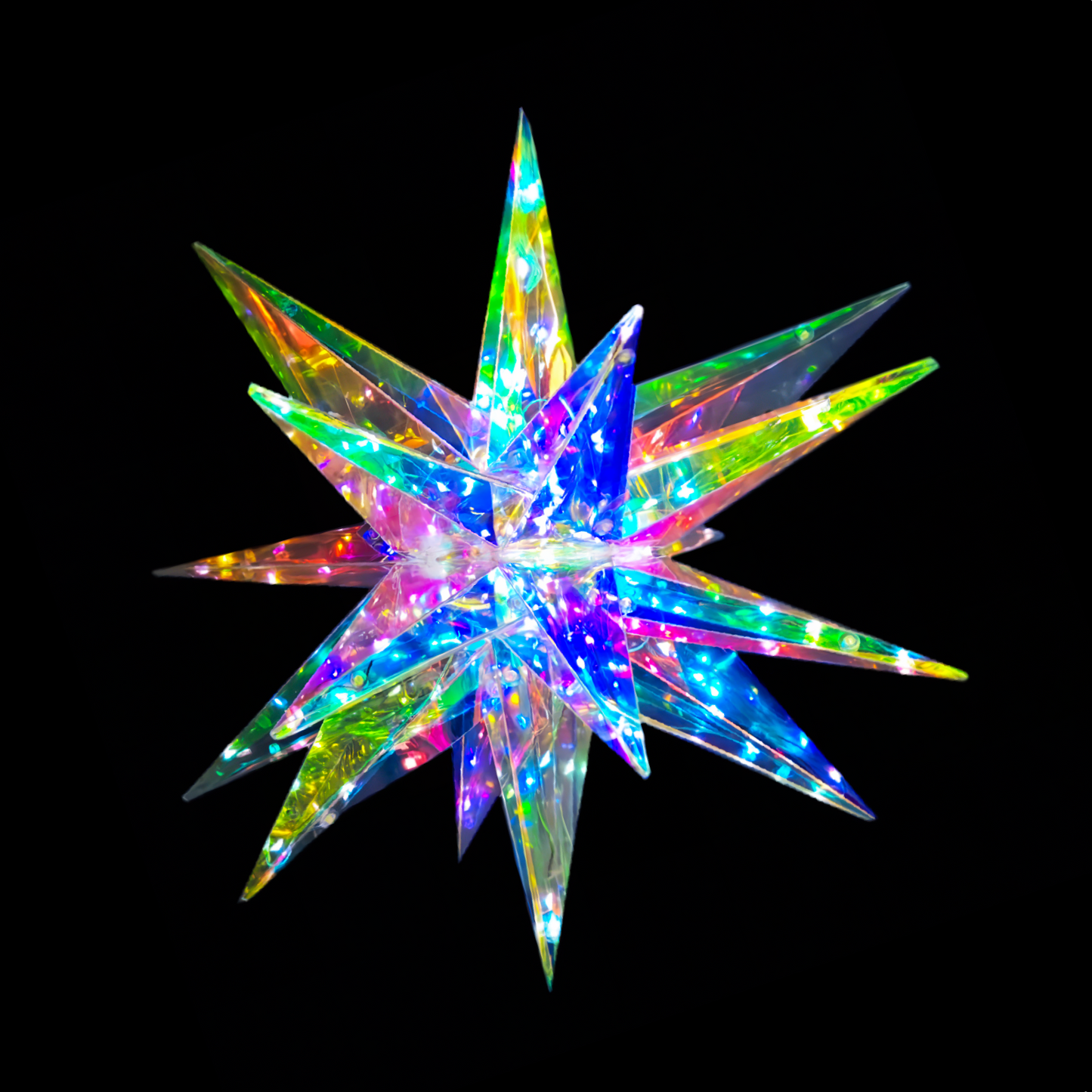 Christmas 3D Rainbow Film Erected Holographic Polygon 50cm Burst Star Fireworks LED Glimmering Cosmic Effect Outdoor