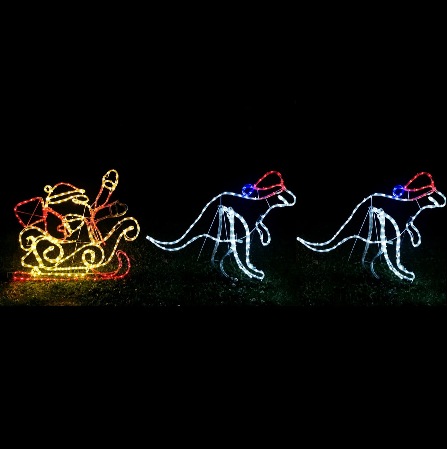 Christmas LED Motif Animated Santa Riding Kangroos Sleigh 280x70cm Outdoor Rope Light