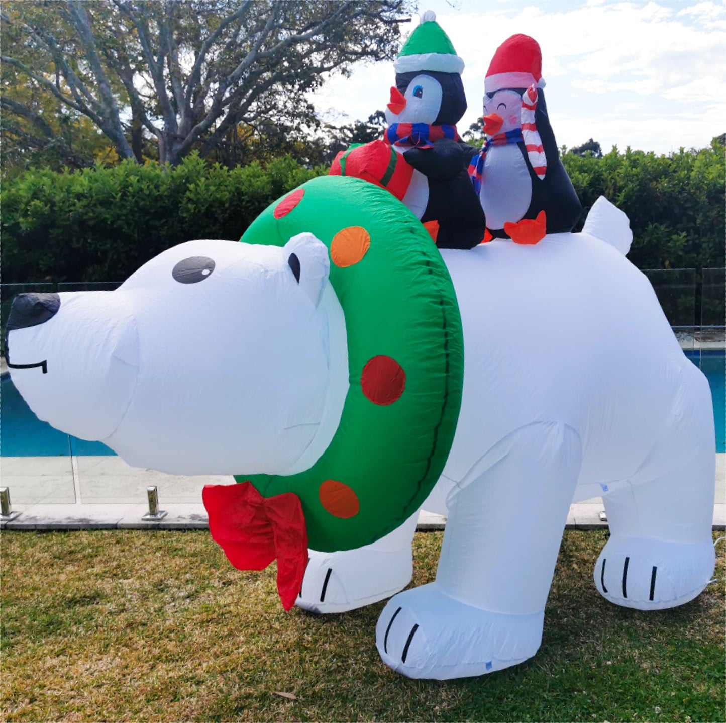 Christmas Decoration Inflatable 240cm Wide Penguins Riding Polar Bear LED Lit Outdoor Decoration