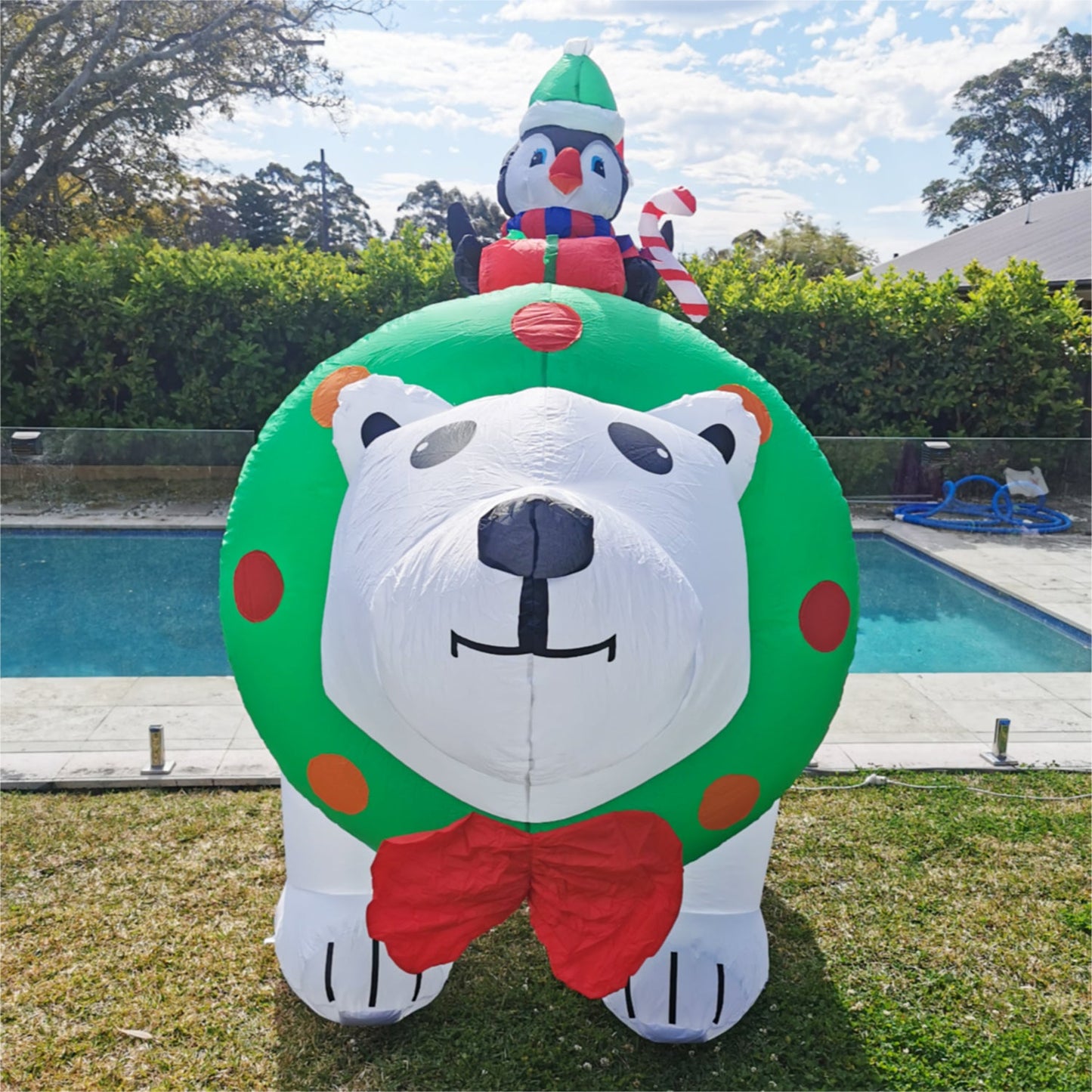 Christmas Decoration Inflatable 240cm Wide Penguins Riding Polar Bear LED Lit Outdoor Decoration