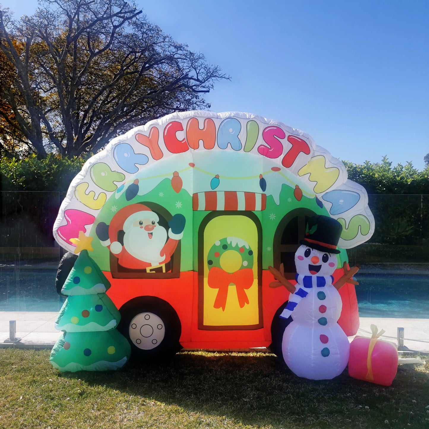 Christmas Decoration Inflatable 240cm Wide Santa Campervan Christmas Celebration LED Lit Outdoor Decoration