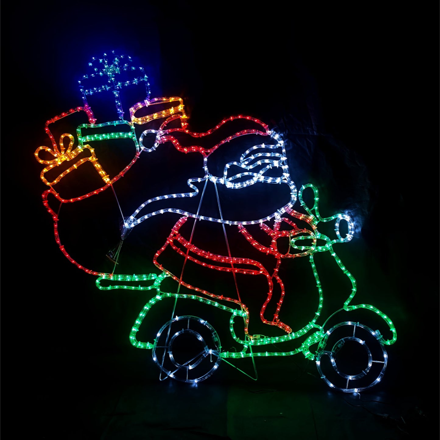 Christmas LED Motif Santa Riding Scooter 122x112cm Animated Wheels Outdoor Decor Display