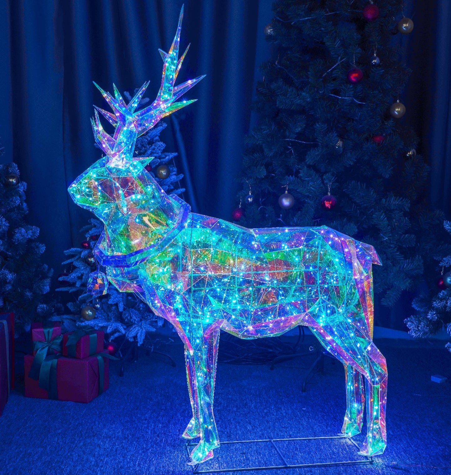 Christmas 3D Rainbow Film Erected Holographic Polygon Reindeer Buck 160cm LED Glimmering Cosmic Effect Outdoor