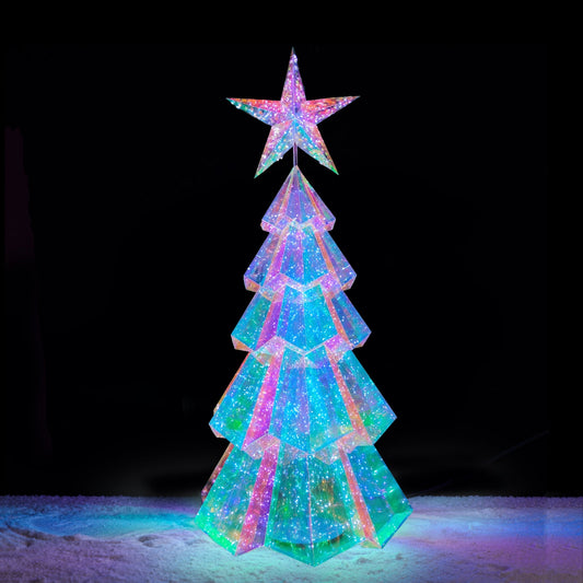 3D Rainbow Film Erected Holographic Polygon 180cm Christmas Tree With Star LED Glimmering Cosmic Effect Outdoor