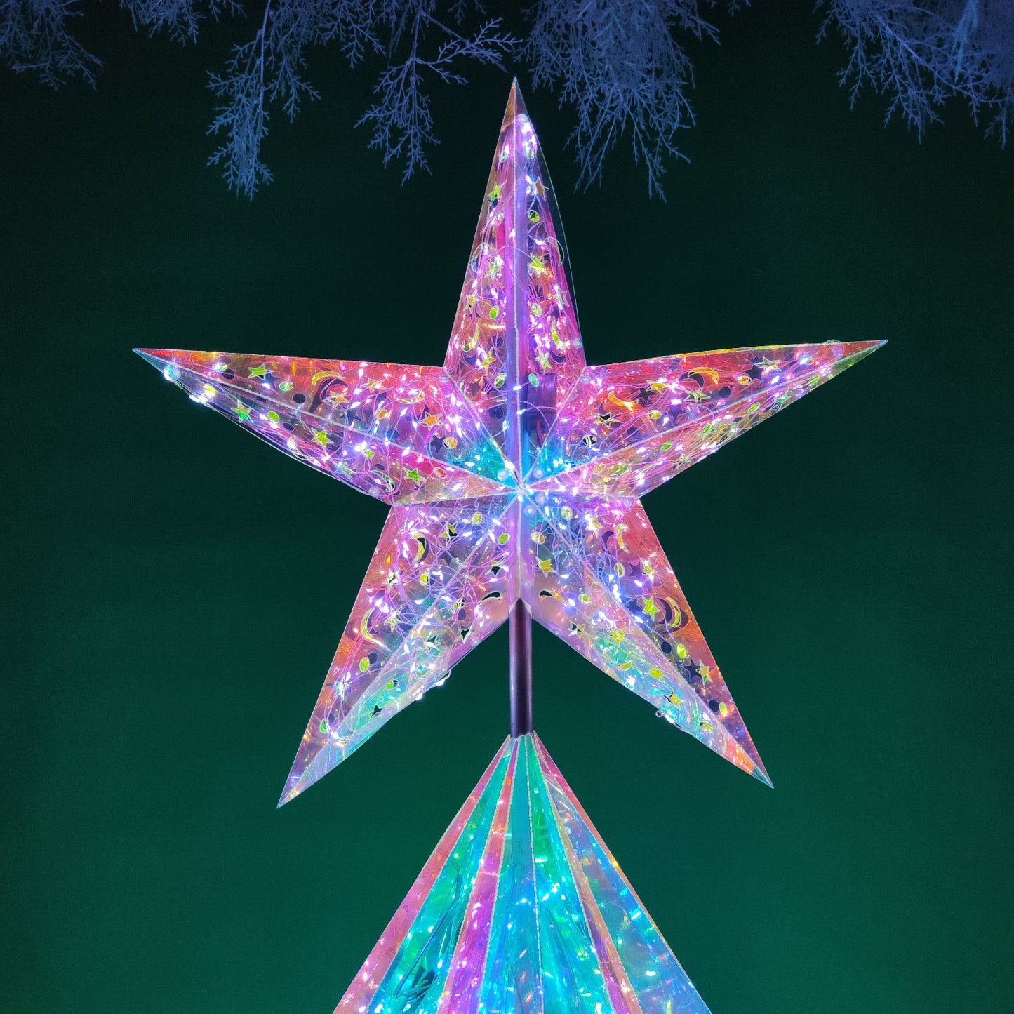 3D Rainbow Film Erected Holographic Polygon 180cm Christmas Tree With Star LED Glimmering Cosmic Effect Outdoor