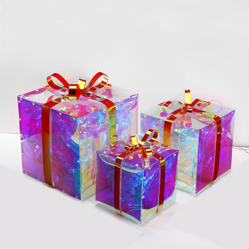 Christmas 3D Rainbow Film Erected Holographic Polygon 3pcs Gift Boxes LED Glimmering Cosmic Effect Outdoor