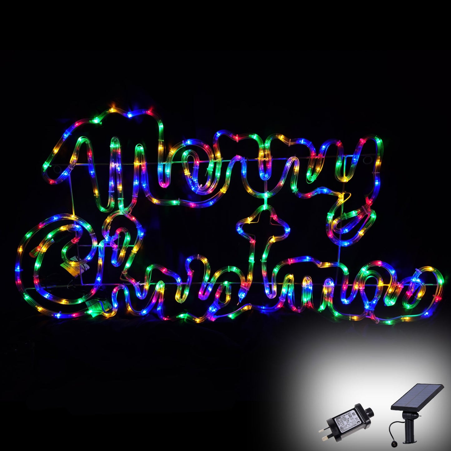 Dual Power Solar Plug Christmas LED Motif Merry Xmas 100x50cm Outdoor Display