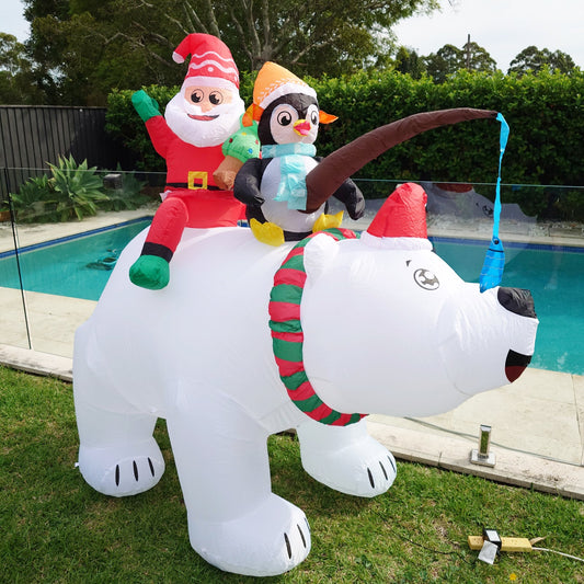 Christmas Decoration Inflatable 180cm Wide Santa Penguin Fishing on Polar Bear LED Lit