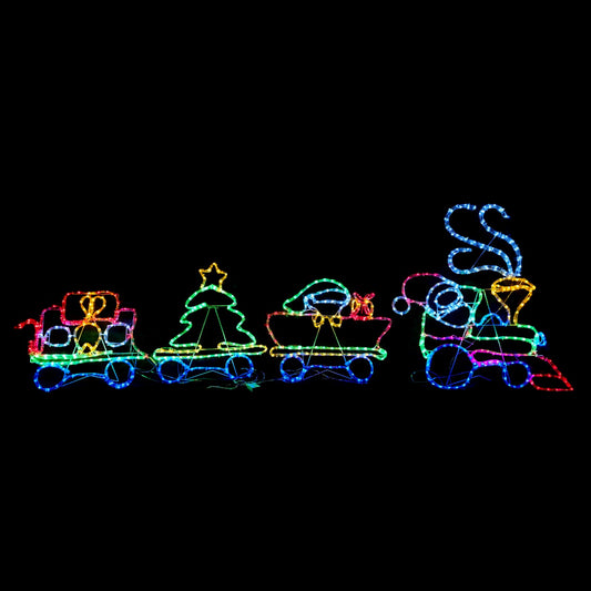 Christmas LED Motif Santa & Elf Gift Train Animated Wheels 250x81cm Outdoor Display