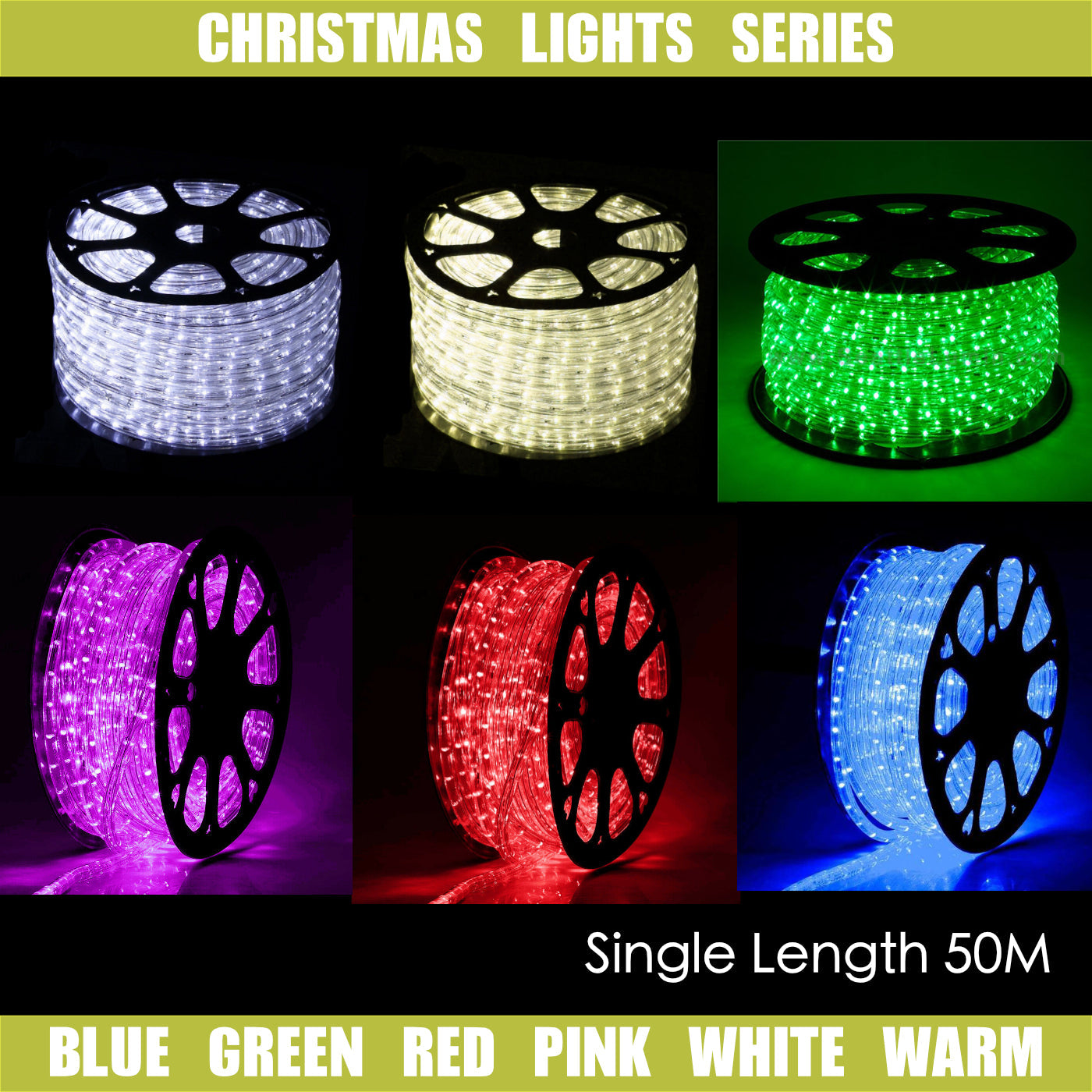 Christmas Lights Single Length 50m LED Rope Light with 8 Functions AC Adapter Included