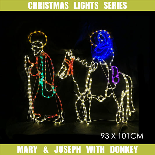 Christmas LED Motif Mary Riding Donkey with Joseph Nativity 93 x 101cm Indoor Outdoor Display Sign