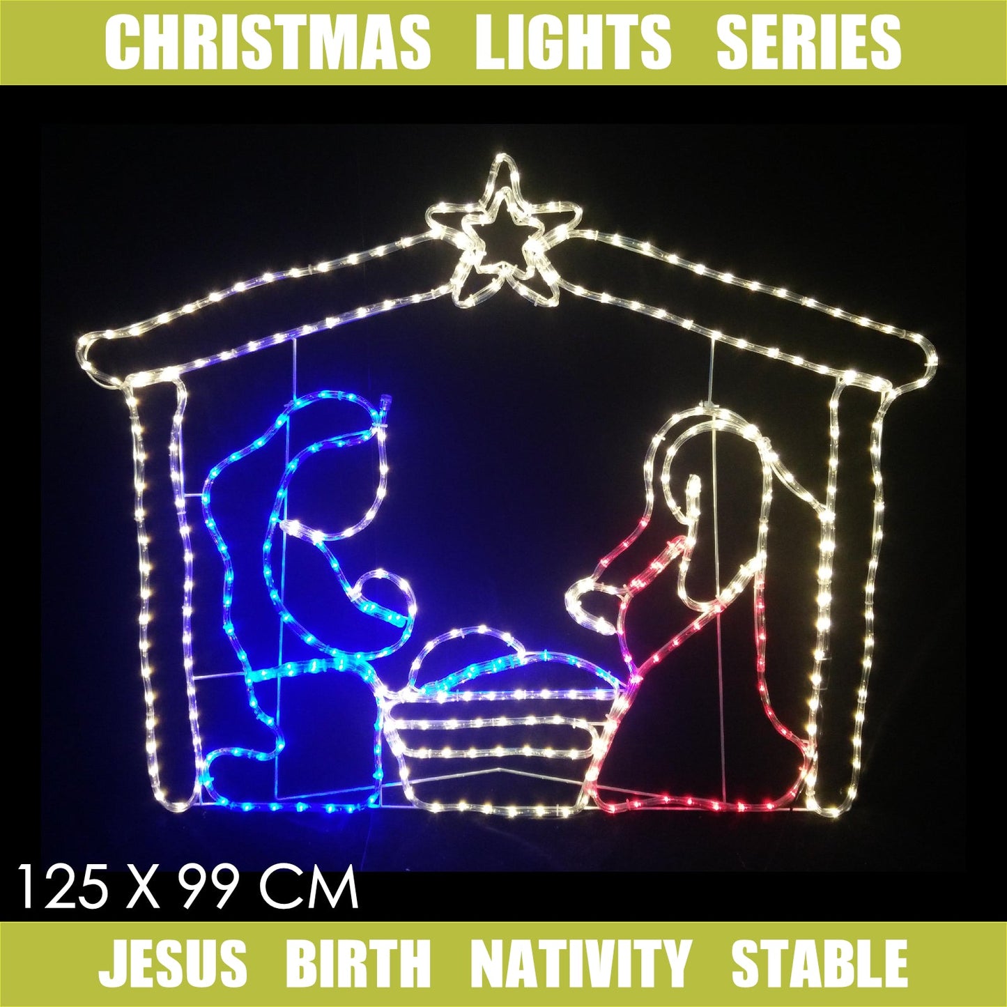 Christmas LED Motif Jesus Birth Mary Joseph in Stable Nativity Scene 125x99cm Outdoor