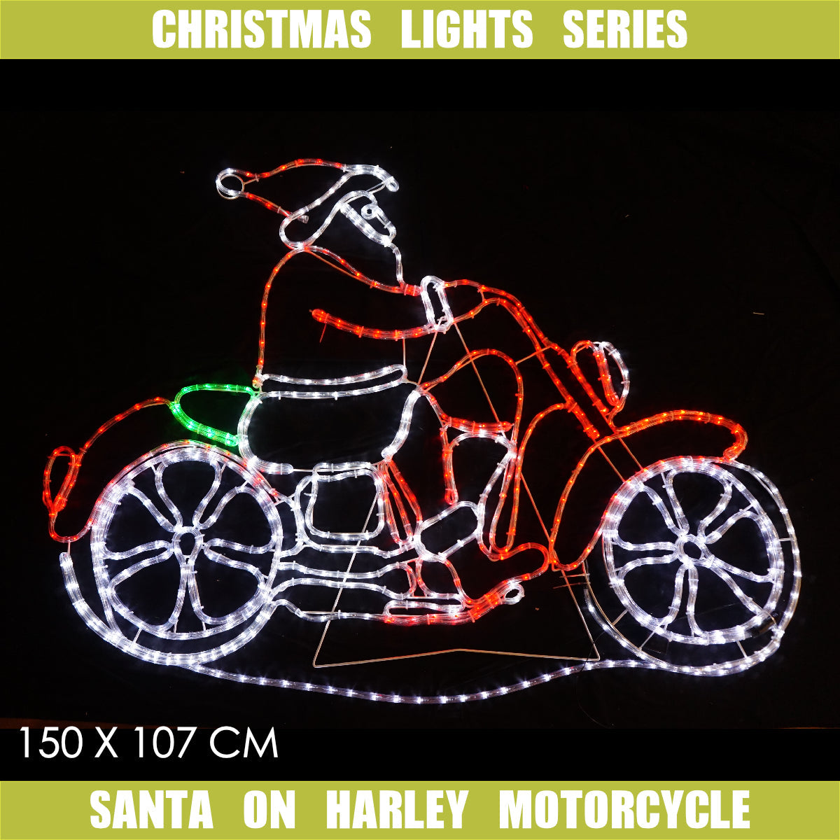 Christmas LED Motif Santa Riding Harley Motorcycle 150x107cm Indoor Outdoor Display