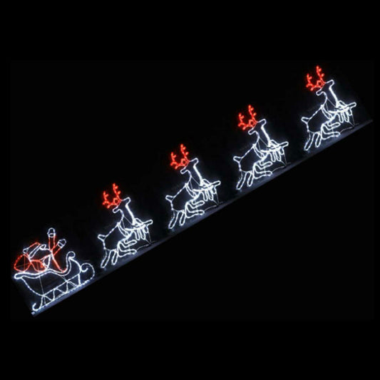 Christmas LED Motif Santa Riding Reindeers in Sleigh White Edition 560x80cm Indoor Outdoor Display Sign