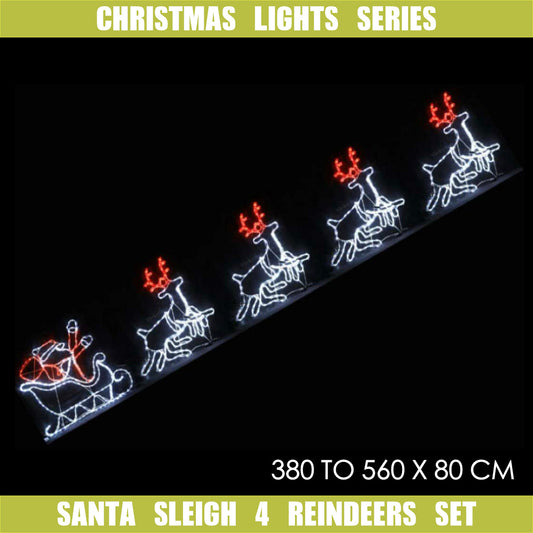 Christmas LED Motif Santa Riding Reindeers in Sleigh White Edition 560x80cm Indoor Outdoor Display Sign