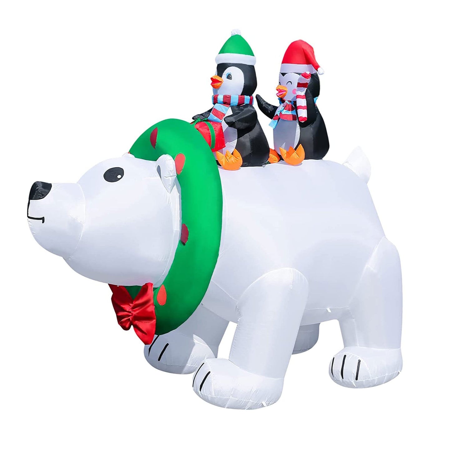 Christmas Decoration Inflatable 240cm Wide Penguins Riding Polar Bear LED Lit Outdoor Decoration